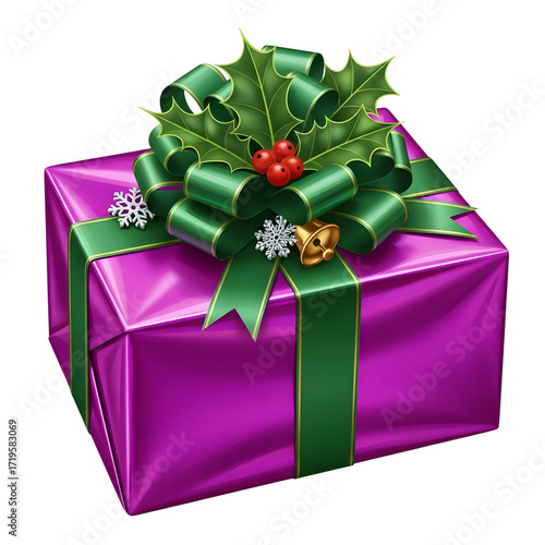 Purple gift box with green ribbon and holly isolated on transparent background