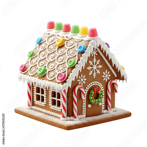 Decorated gingerbread house isolated on transparent background