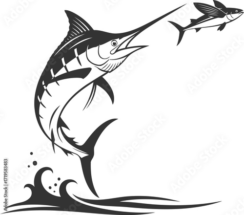 Jumping Marlin hunting flying fish vector logo