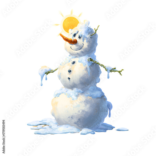 Funny Christmas melting snowman with sun shining in PNG transparent format for playful holiday designs. Christmas concept