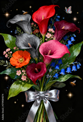 Brightly colored flowers in a silver-wrapped bouquet.
