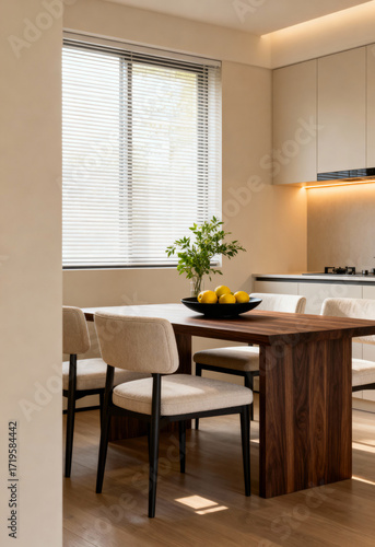 Modern dining table with chairs, window light, and indoor plants.