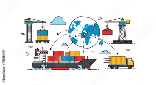 Global Logistics and Shipping Illustration Featuring Cargo Ship, Cranes, Delivery Truck, and Trade Route Globe
