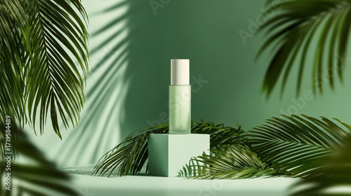 Light green cosmetic bottle sits on pedestal with layered palm shadows and soft light, perfect for organic skincare branding or spa product presentations.
