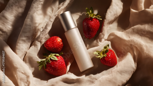 Matte white skincare bottle placed among fresh strawberries on textured beige fabric, scene blends freshness and softness — perfect for organic beauty and natural product visuals.