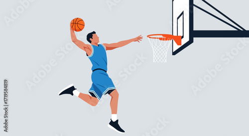 Basketball Player in Mid-Air Performing Slam Dunk with Dynamic Motion Lines and Stylized Hoop Illustration