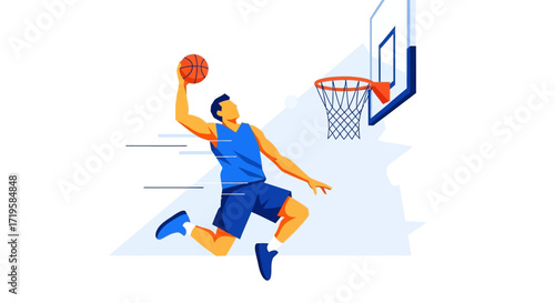 Basketball Player in Mid-Air Performing Slam Dunk with Dynamic Motion Lines and Stylized Hoop Illustration