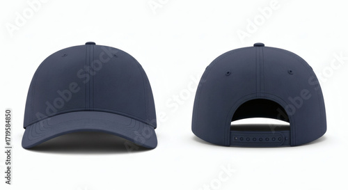Two views of a plain, dark navy blue baseball cap, presented from the front and the back on a white background.