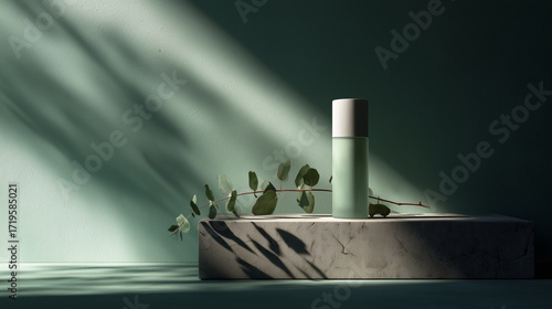 Matte skincare bottle stands beside eucalyptus branch on stone surface in soft side light, minimal setup suits eco-beauty, product branding, and clean cosmetic presentations.