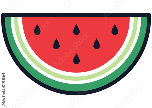 Cute watermelon slice illustration with pink flesh and green rind on white background
