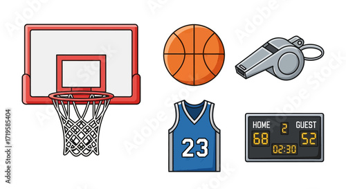 Basketball Game Elements Featuring Hoop, Ball, Whistle, Jersey, and Digital Scoreboard in Stylized Vector Set