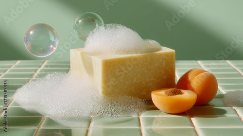 Yellow soap bar surrounded by white foam and apricot slices rests on clean surface with soft green light, ideal for cosmetic brands, packaging, or product video ads.