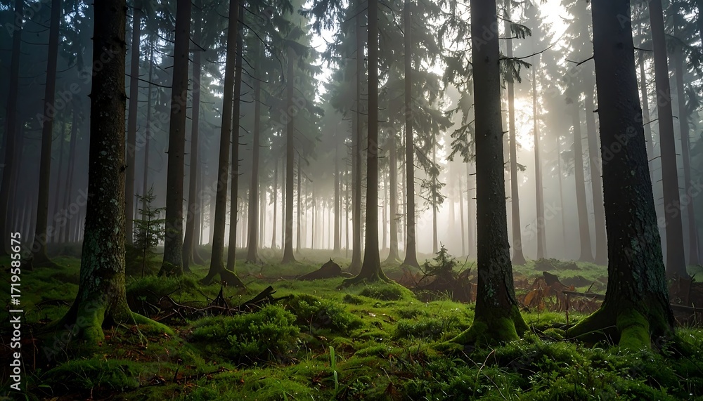 Fototapeta premium Misty forest with sunlight filtering through