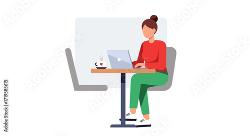 Person Working on Laptop at Table with Hot Beverage in Modern Indoor Setting, Wearing Red Top and Green Pants