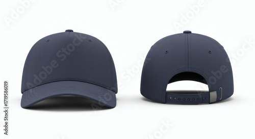 Two views of a plain, dark blue baseball cap, one from the front and one from the back, displayed on a white background.