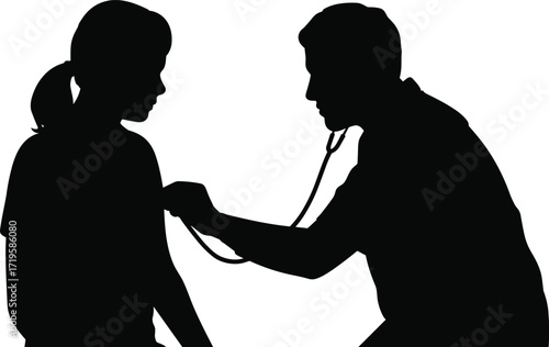 Medical checkup silhouette, doctor examining patient with stethoscope, healthcare professional listening chest, black vector illustration, clinical consultation concept, health diagnosis scene