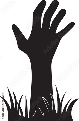 Black hand emerging from grass, black and white silhouette vector illustration
