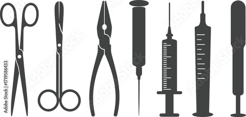 Medical instruments silhouette vector, surgical tools illustration, syringe and scissors icons, healthcare equipment set, hospital supplies graphic, black isolated shapes