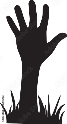 Black hand emerging from grass, black and white silhouette vector illustration