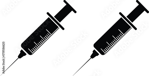 Syringe silhouette vector, medical injection tool, healthcare equipment icon, black illustration, needle graphic, hospital supply design, sterile instrument, white background