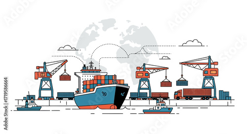 Busy Port Scene with Cargo Ship, Cranes, Trucks, Trains, and Globe Illustration Representing Global Trade and Intermodal Transport
