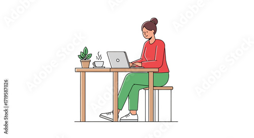 Person Working on Laptop at Table with Hot Beverage in Modern Indoor Setting, Wearing Red Top and Green Pants