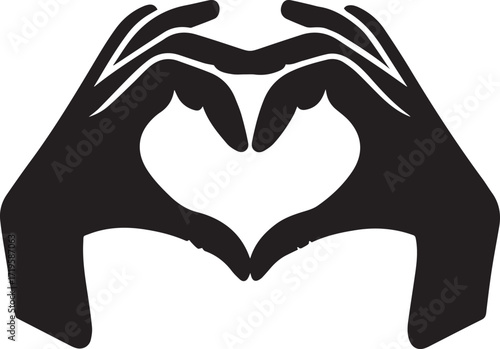 Hands forming heart shape love care  black and white silhouette vector illustration