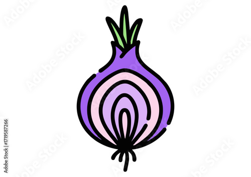 Illustration of a purple onion with fresh greens on a white background