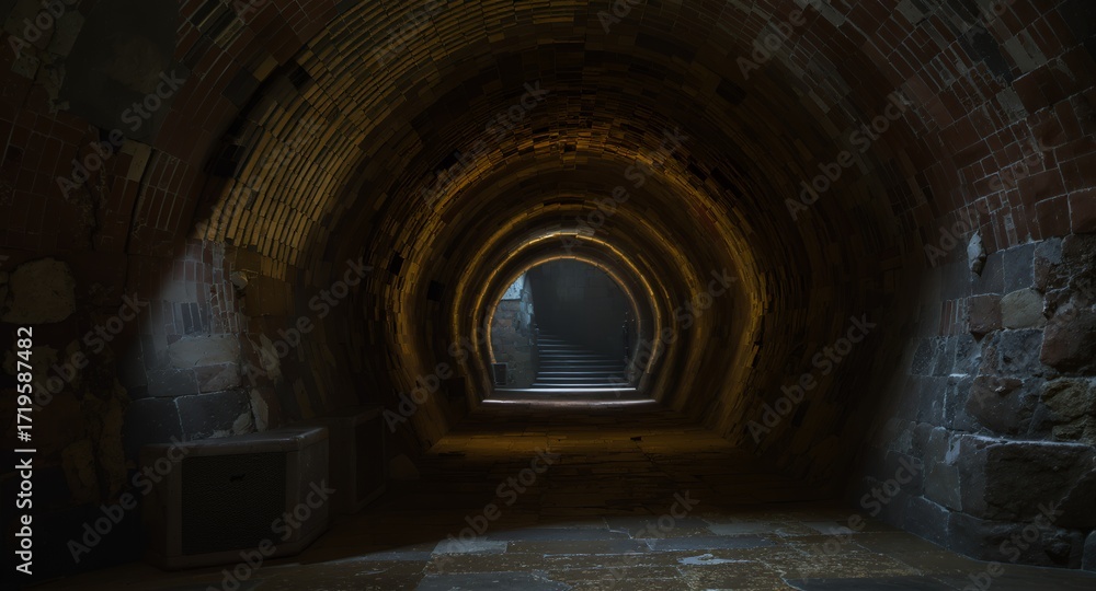Obraz premium Stone tunnel, arched passageway, ancient architecture, mysterious corridor, dark interior, brickwork, stone walls, stairway, light at the end, underground passage, historical building, dungeon, c