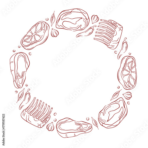 Line art style circular frame of various meat cut and steak for butcher shop package, card.
