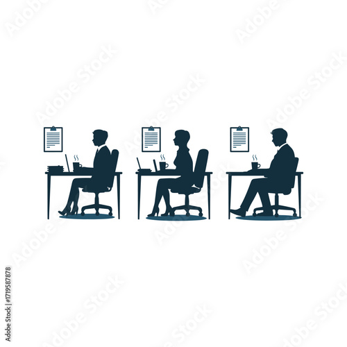 Business professionals working at desks in an office environment with computers and documents