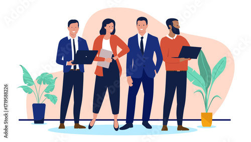 A diverse and smiling business team of people stands together with laptops, ready to collaborate on a new project in a flat design vector illustration