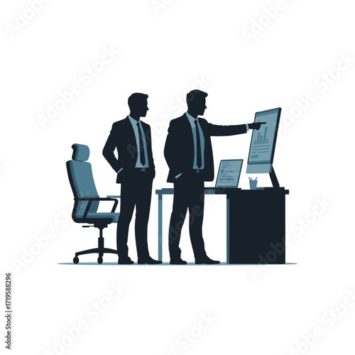 Two businessmen in suits analyzing data on a large computer screen in an office setting.