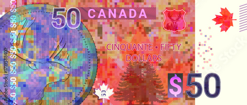 Vector fictional colored pixel mosaic banknote, denomination of 50 Canadian dollars. Medal with horned head of deer. Symbol of Canada, maple leaf. Spruce. Fifty. Red obverse of note
