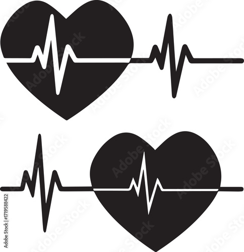 Heart with white electrocardiogram heartbeat black and white silhouette vector illustration