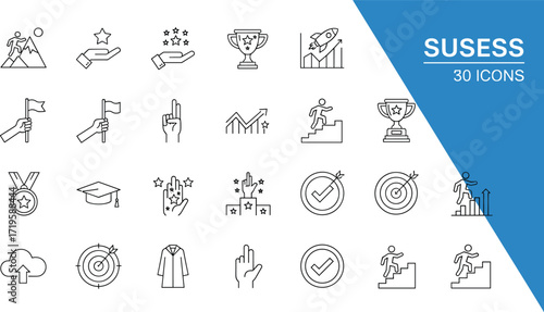 Success icons set, editable stroke line style, trophy medal award, growth achievement business icons, career progress, winner illustration