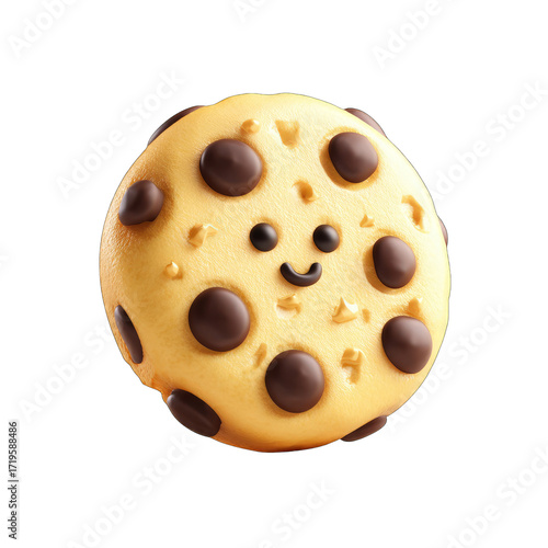 Round, cartoon-style chocolate chip cookie with a happy face