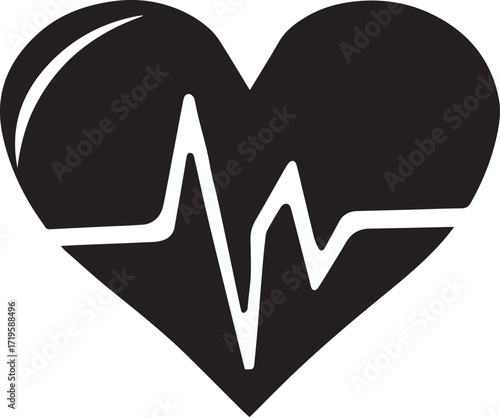 Heart with white electrocardiogram heartbeat black and white silhouette vector illustration