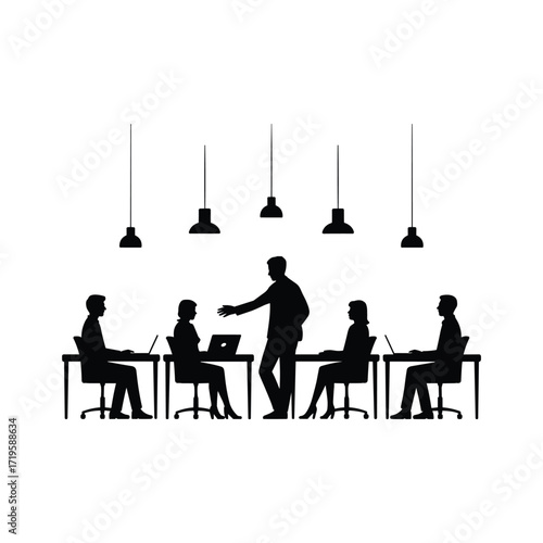 Business meeting silhouette presentation teamwork collaboration corporate office interior scene