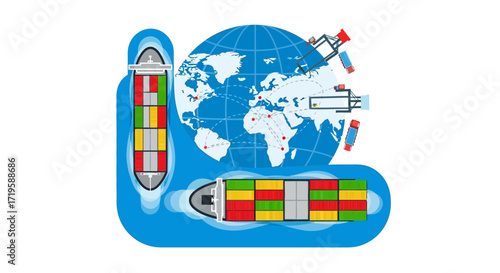 Stylized Global Shipping and Logistics Illustration with Cargo Ships, Containers, Cranes, and Globe with Location Markers