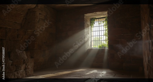 Sunbeams Streaming Through a Barred Window in a Stone Room