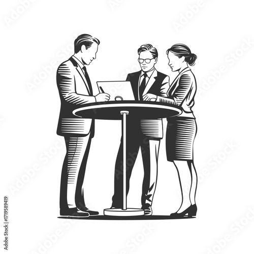 Business professionals collaborate around a modern table with a laptop in a sketched monochrome style
