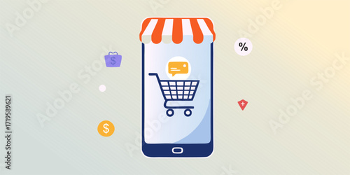 Online shopping with mobile phone illustration