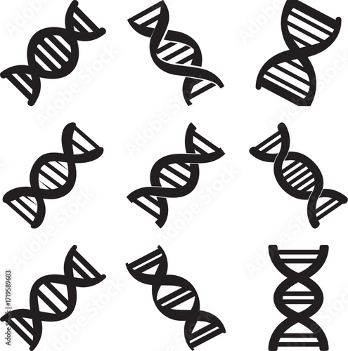 A collection of DNA helix structure double helix molecule black and white silhouette vector illustration