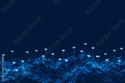 Blue glowing 5G digital network connection with polygon mesh on dark background, perfect for communication, technology, and data design.