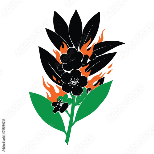 Bold floral illustration with black blossoms and fiery flames design element