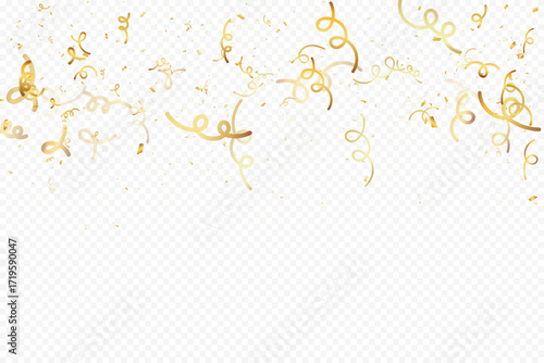 Shiny golden ribbon confetti falling on transparent background, perfect for party, celebration, and festive decorative design.