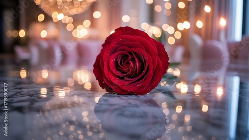 Fototapeta Naklejka Na Ścianę i Meble -  Single red rose on a marble table with bokeh background