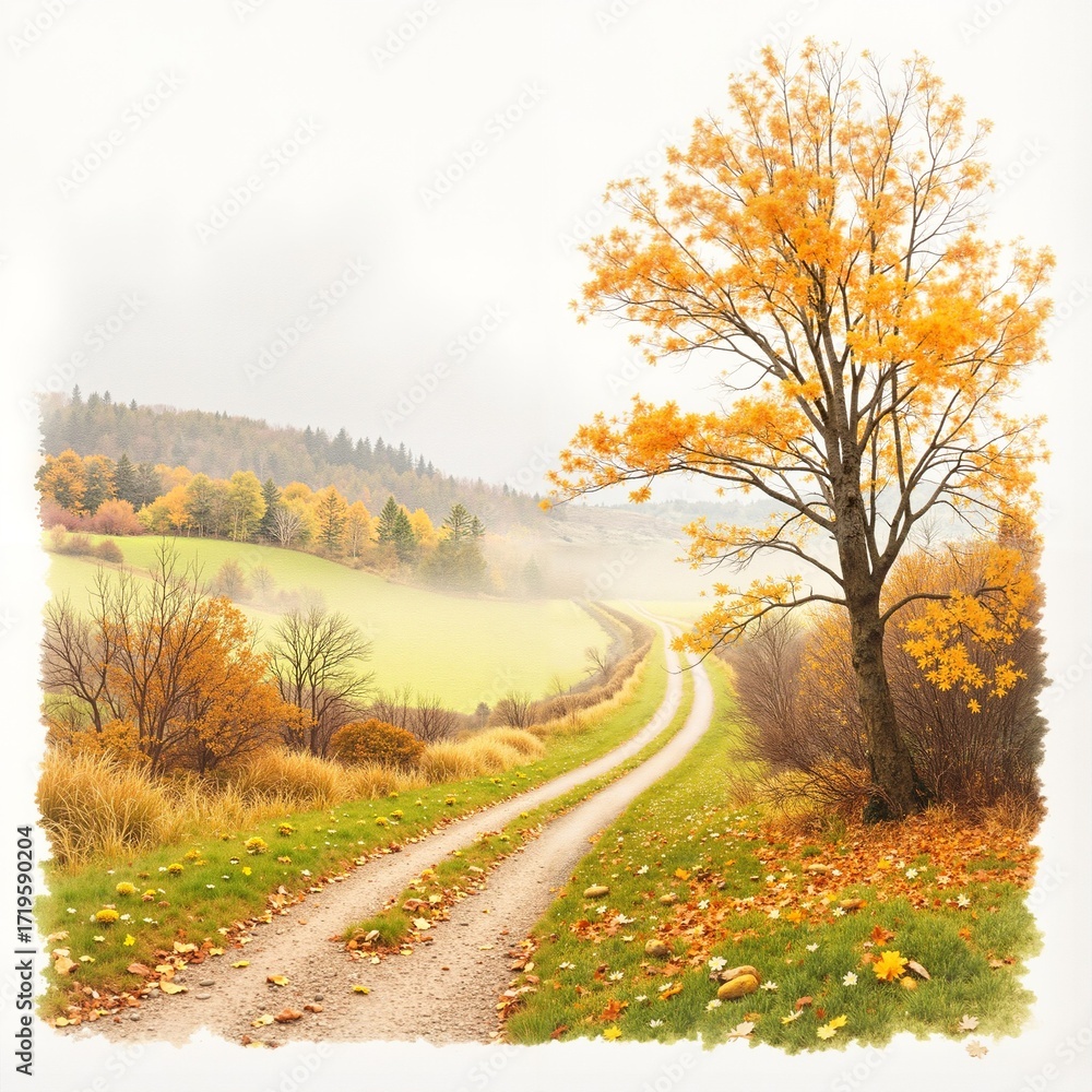 Fototapeta premium Autumn landscape with winding dirt road and colorful trees 