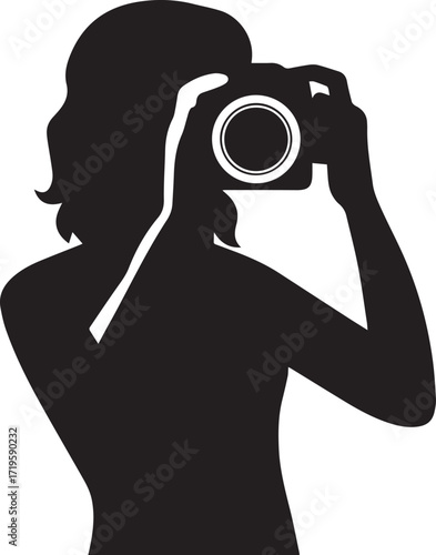 Woman holding camera capturing image person photographer black and white silhouette vector illustration